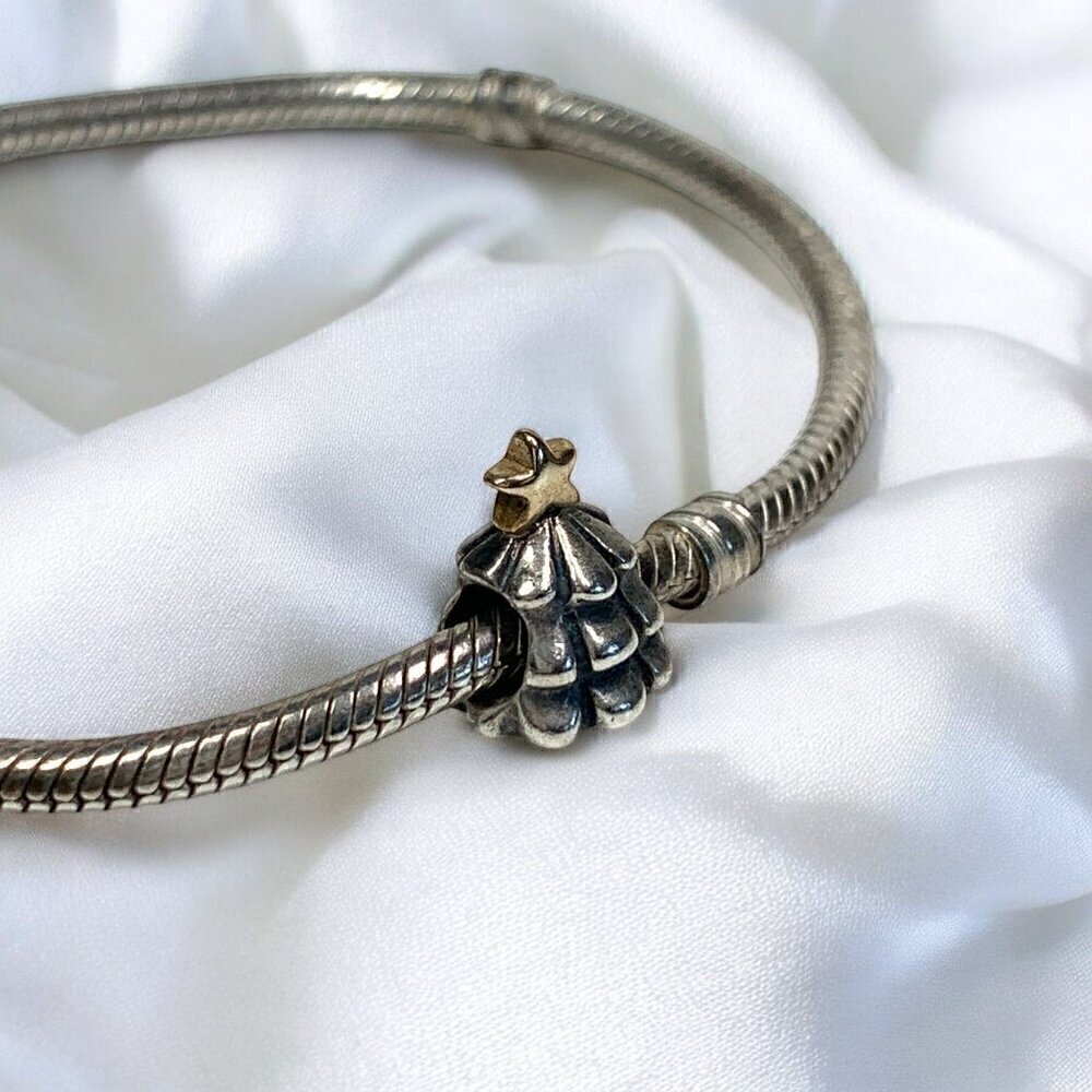 Pandora Christmas Tree Charm & Snake Chain Bracelet Sterling Silver Retired 7.0”